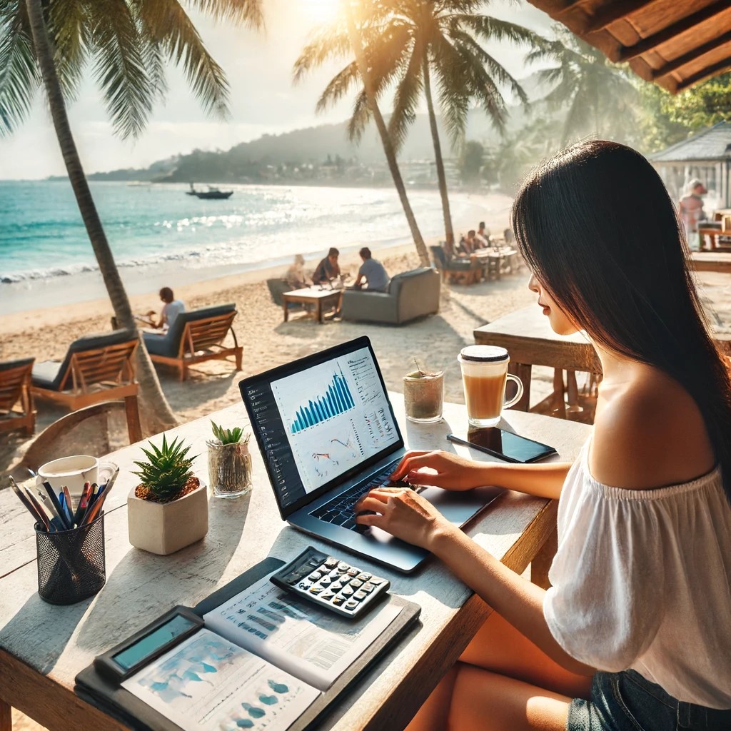 DALL·E 2024-06-17 21.40.24 - A digital nomad working from a beachside café, using a laptop to manage investments and work remotely. The setting is picturesque, with a clear view o