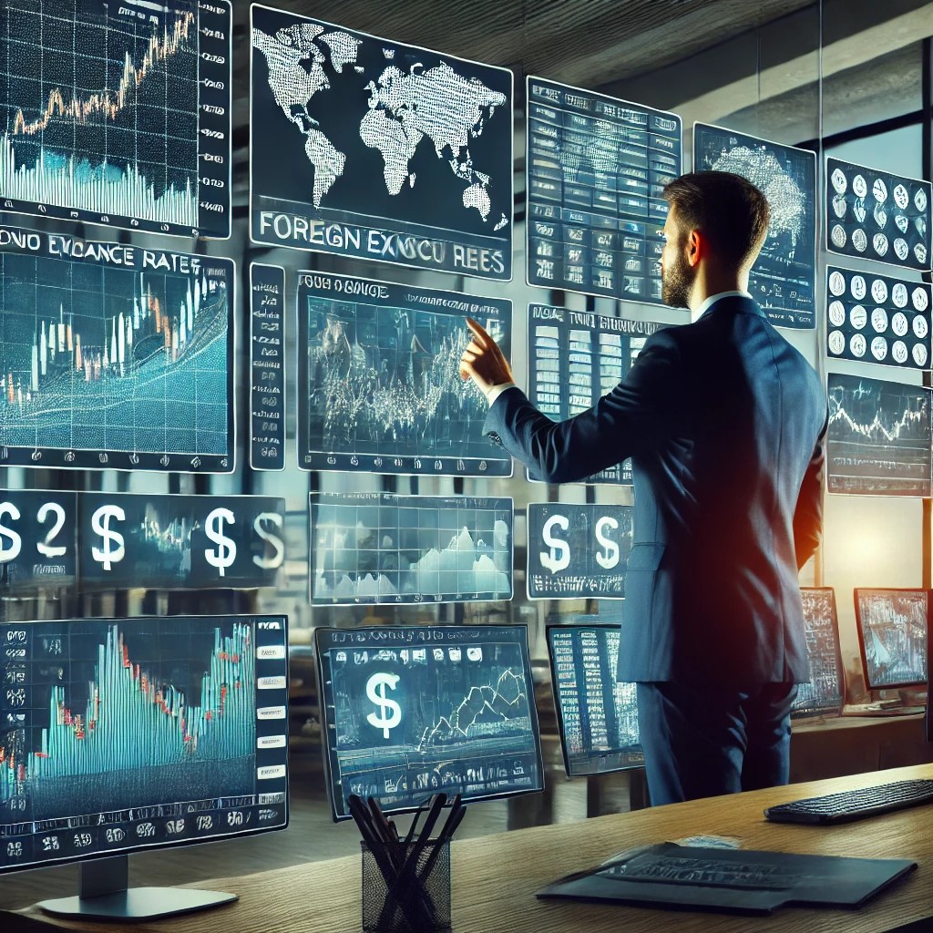 DALL·E 2024-06-20 21.23.25 - A financial analyst in a modern office reviewing foreign exchange rates on multiple digital screens. The scene includes detailed graphs and real-time 