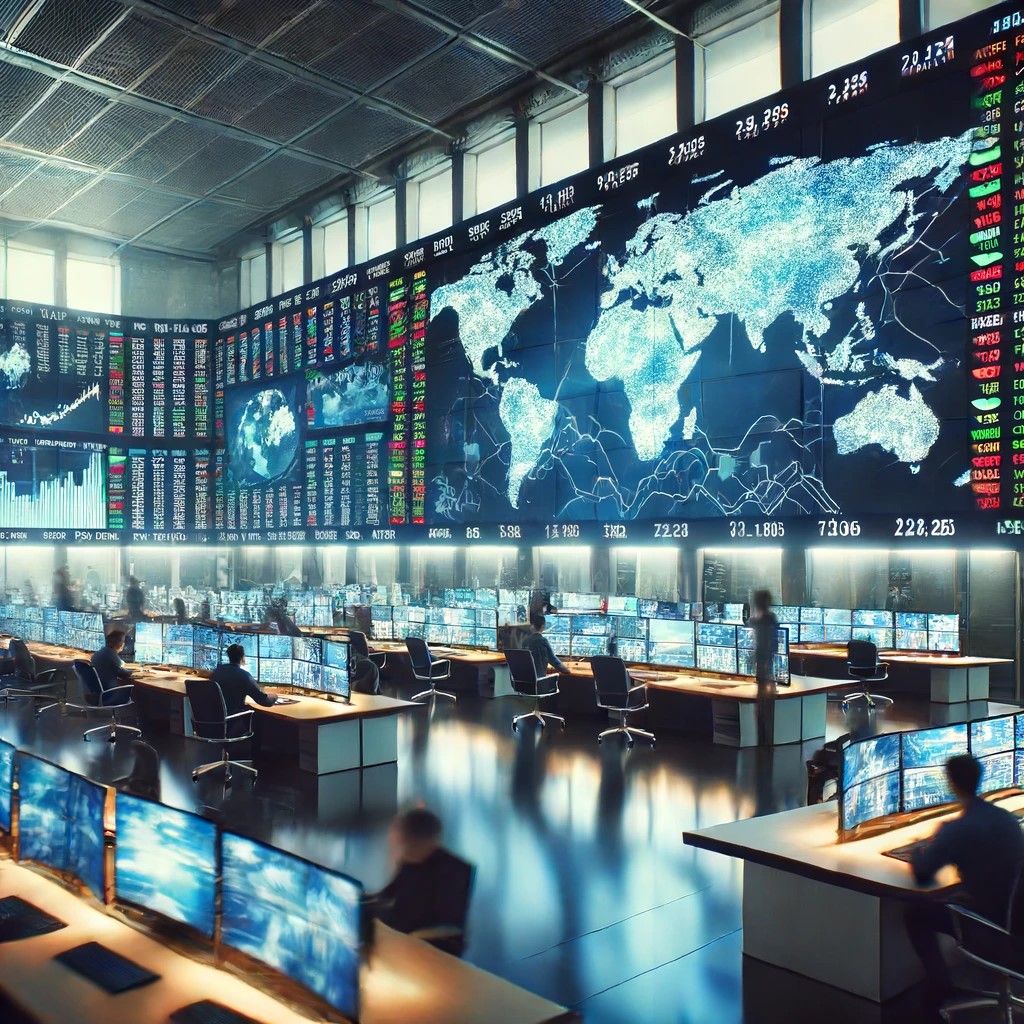 DALL·E 2024-06-18 21.42.08 - A modern financial trading floor focusing on global markets, showcasing traders monitoring multiple screens with real-time data from various internati