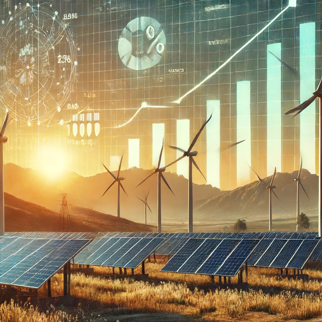 DALL·E 2024-06-18 22.56.41 - A renewable energy farm with wind turbines and solar panels, with financial charts in the background indicating rising stock prices of renewable energ