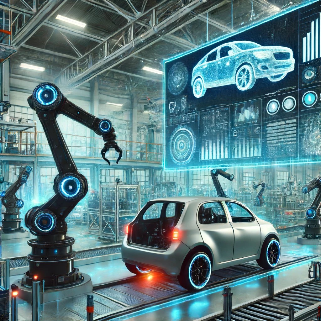 DALL·E 2024-06-18 23.27.29 - A futuristic automotive manufacturing plant with robots and automated systems assembling vehicles. The background features digital screens displaying 