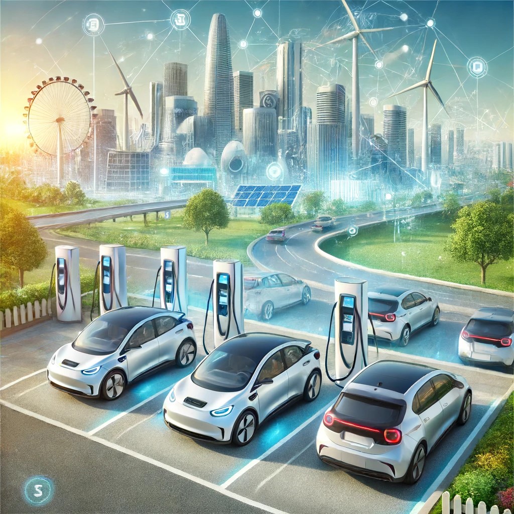 DALL·E 2024-06-18 23.27.27 - A modern electric vehicle (EV) charging station with multiple cars charging. The background features a cityscape with advanced infrastructure and gree