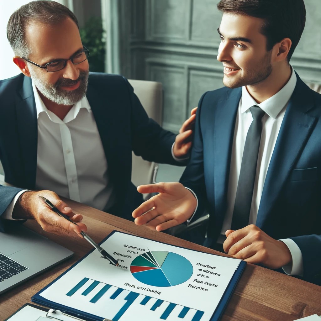 DALL·E 2024-06-19 23.32.21 - A financial advisor discussing asset allocation with a client, using a pie chart to show the distribution of stocks, bonds, and other assets