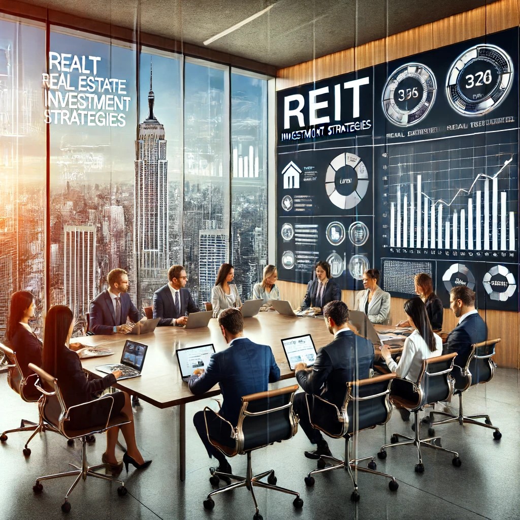 DALL·E 2024-06-15 18.34.21 - A modern conference room in an office building with a large window overlooking the city skyline, showcasing a meeting about REIT investment strategies