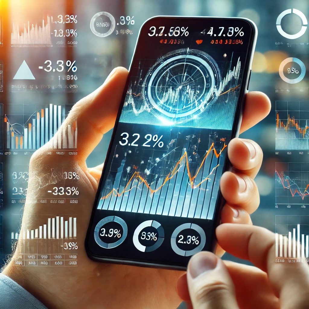 DALL·E 2024-06-19 21.05.36 - A close-up of a hand holding a smartphone showing a financial app with real-time stock market data of financial services companies, including graphs a