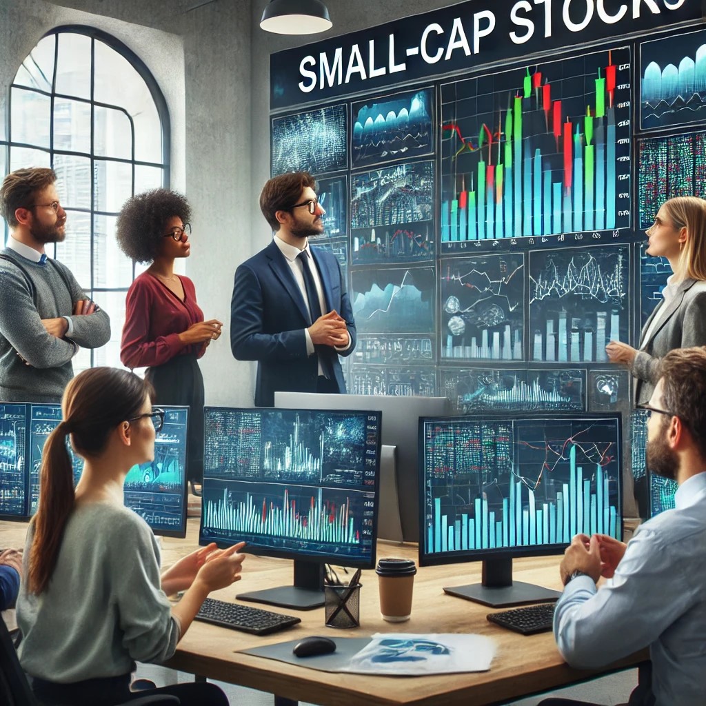 DALL·E 2024-06-19 21.25.59 - A diverse group of financial analysts in an office setting discussing small-cap stocks, with charts and graphs displayed on multiple computer screens