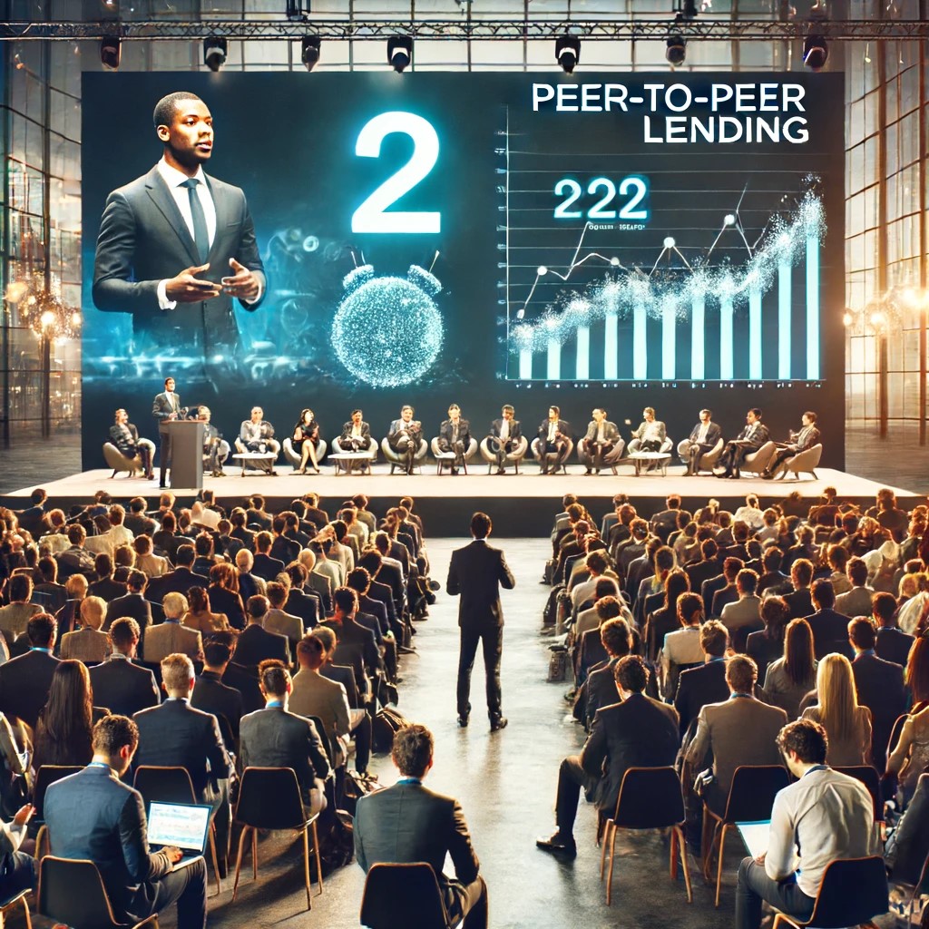 DALL·E 2024-06-15 19.11.50 - A financial technology conference with a speaker discussing the impact of peer-to-peer lending on the traditional banking system. The scene includes a