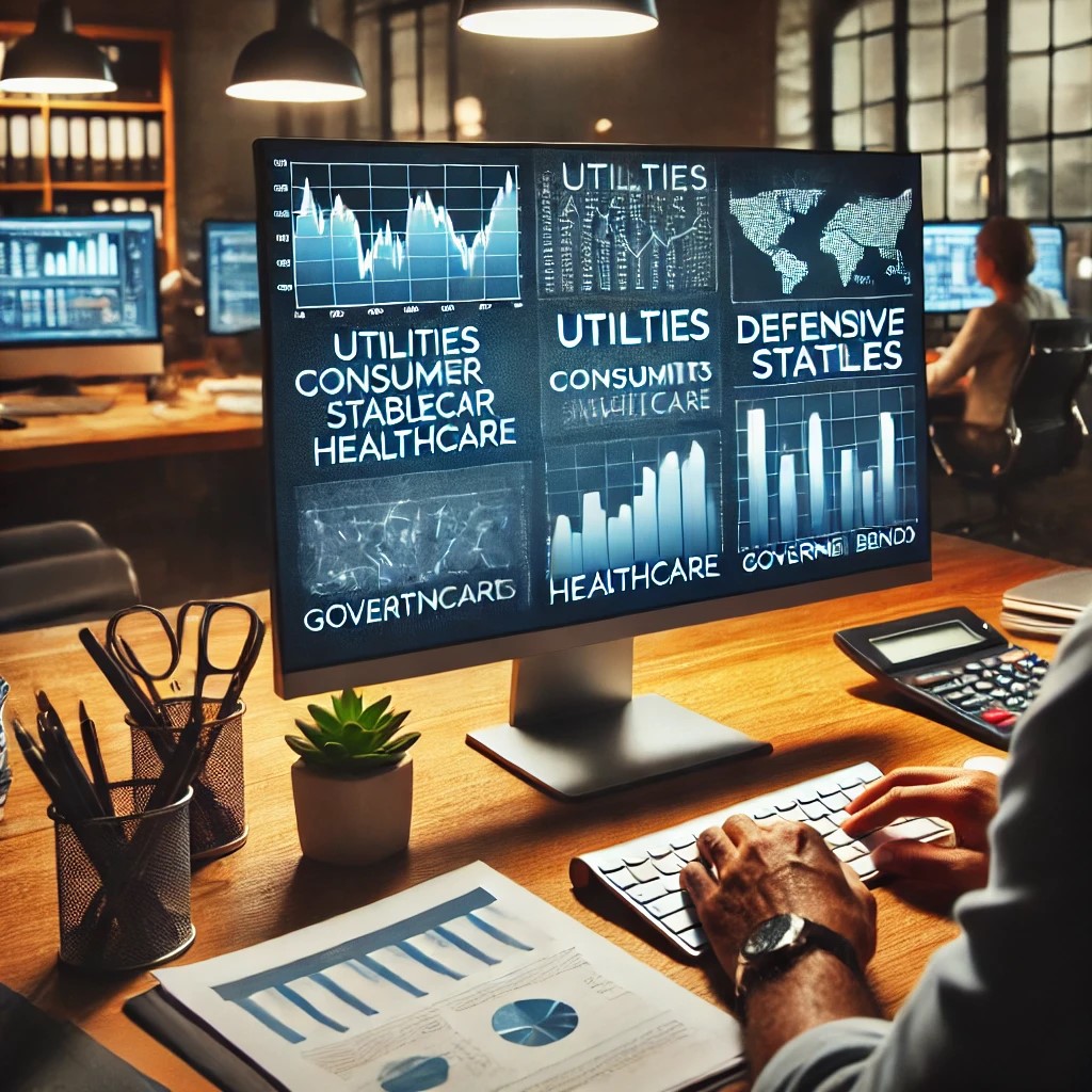 DALL·E 2024-06-19 22.15.43 - A financial analyst in an office setting reviewing charts and graphs on a computer screen, focusing on defensive assets such as utilities, consumer st