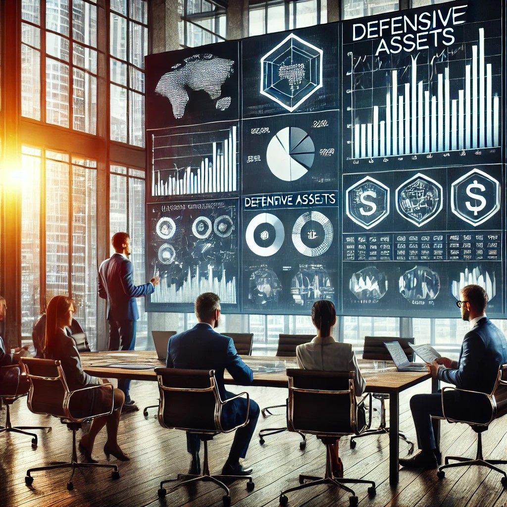 DALL·E 2024-06-19 22.15.44 - A group of financial advisors in a modern office discussing investment strategies for defensive assets, with charts and graphs displayed on a large sc