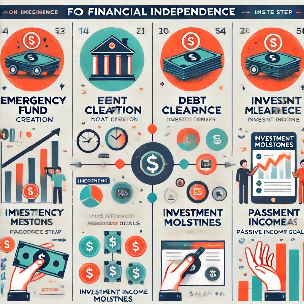 DALL·E 2024-06-15 21.03.44 - An infographic showcasing the key milestones for financial independence, including emergency fund creation, debt clearance, investment milestones, and