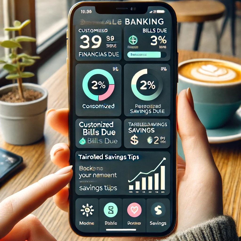 DALL·E 2024-06-16 21.23.53 - A mobile banking app interface on a smartphone, showing a personalized dashboard. The screen displays customized financial insights, notifications for