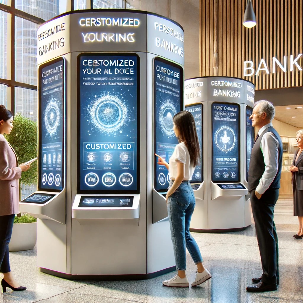 DALL·E 2024-06-16 21.23.51 - A modern bank lobby where customers interact with digital kiosks that provide personalized banking services. The setting shows a futuristic design wit