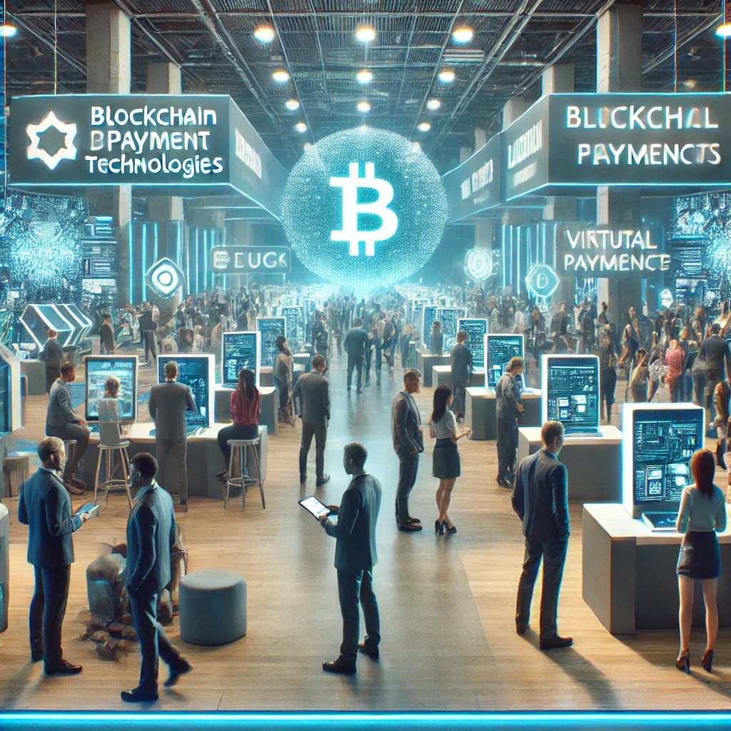 DALL·E 2024-07-09 22.35.53 - A futuristic financial technology conference showcasing the latest in blockchain and digital payment solutions. The setting includes a large, crowded 