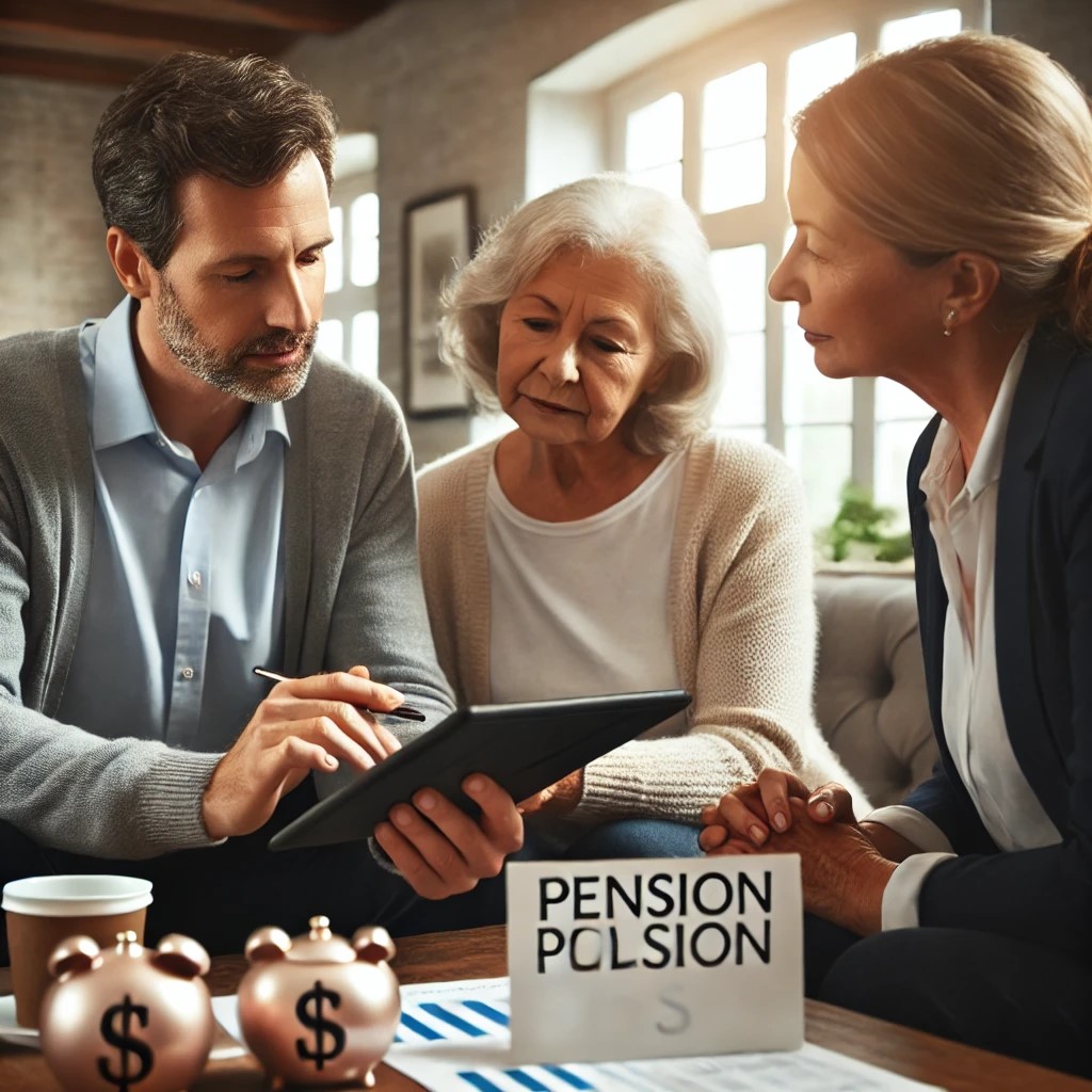 DALL·E 2024-07-09 22.08.32 - An elderly couple consulting with a financial advisor about their pension options in a cozy office. The advisor is showing them information on a table