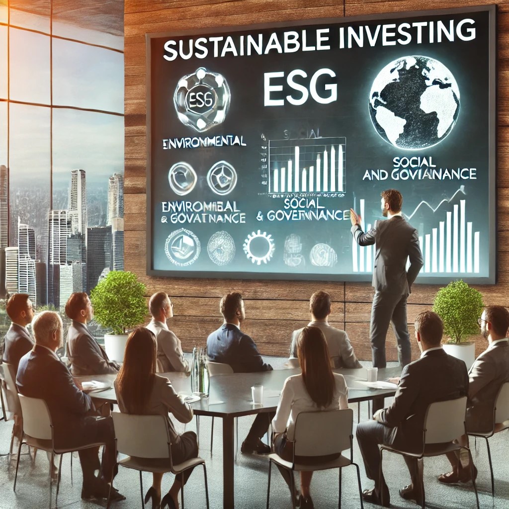 DALL·E 2024-07-09 23.04.27 - A financial seminar focused on sustainable investing, showing a diverse group of investors attending a presentation on ESG (Environmental, Social, and