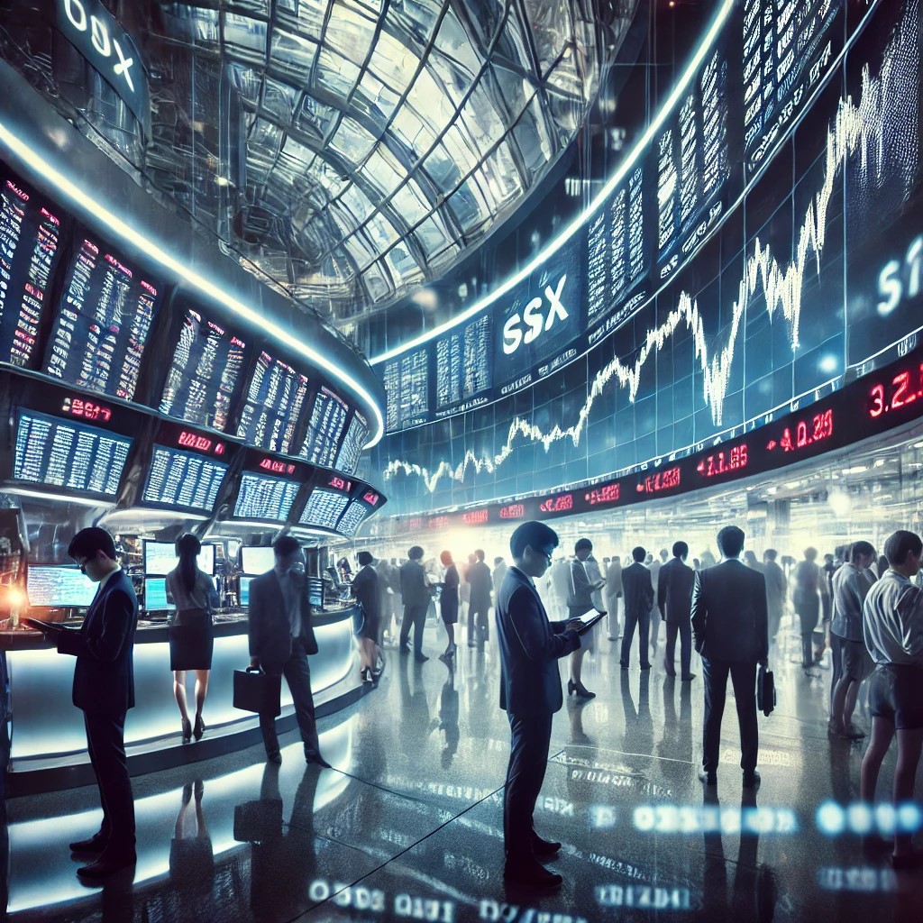 DALL·E 2024-07-30 10.44.36 - A stock market scene with traders working on the floor, large screens displaying stock prices, and financial news tickers. The atmosphere is busy and 