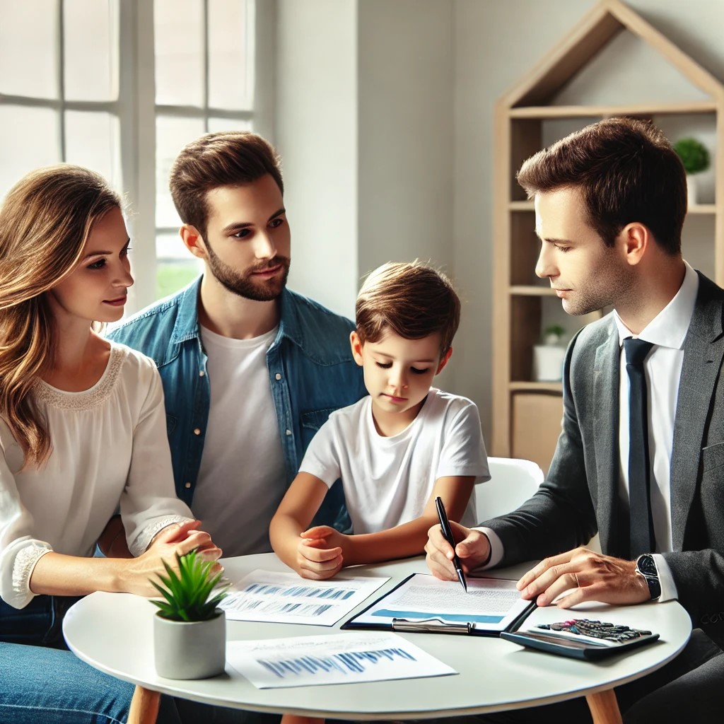 DALL·E 2024-07-30 10.47.18 - A family sitting at a table with a financial advisor, discussing financial planning. The advisor has documents and charts, and the family looks engage