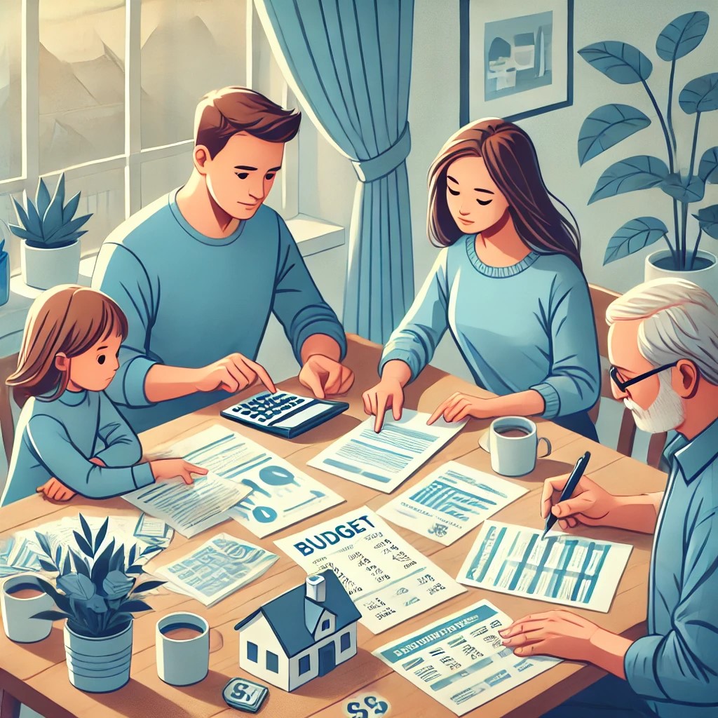 DALL·E 2024-07-30 10.47.20 - A family reviewing their budget and expenses at home. The scene includes a dining table with documents, a laptop, and a calculator. The family members