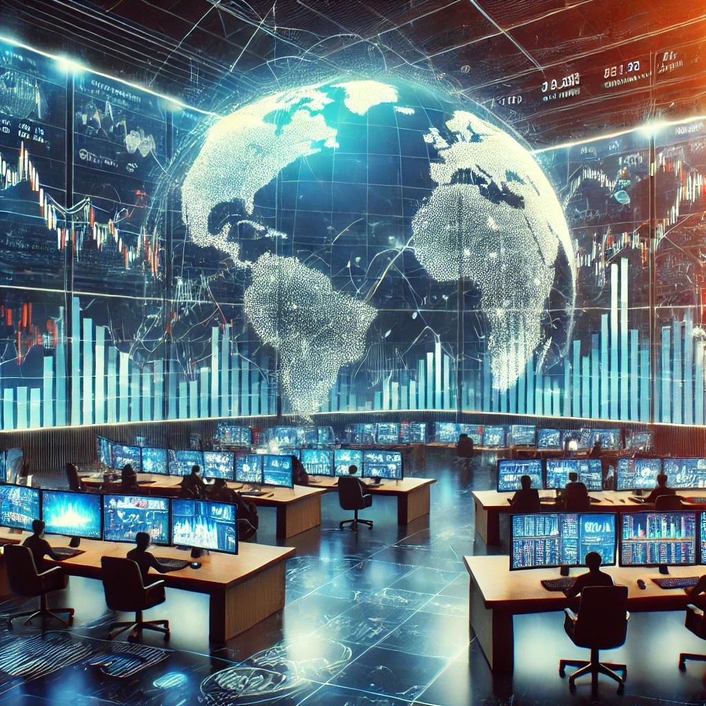 DALL·E 2024-07-30 10.56.40 - A global financial market scene with fluctuating stock charts on multiple screens. The setting includes a modern trading floor with traders monitoring