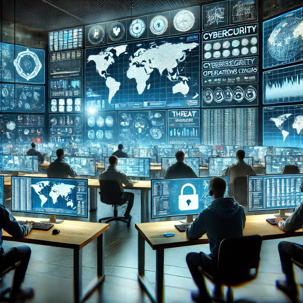 DALL·E 2024-07-30 10.56.43 - A cybersecurity operations center with analysts monitoring multiple screens displaying data and threat alerts. The setting includes advanced technolog