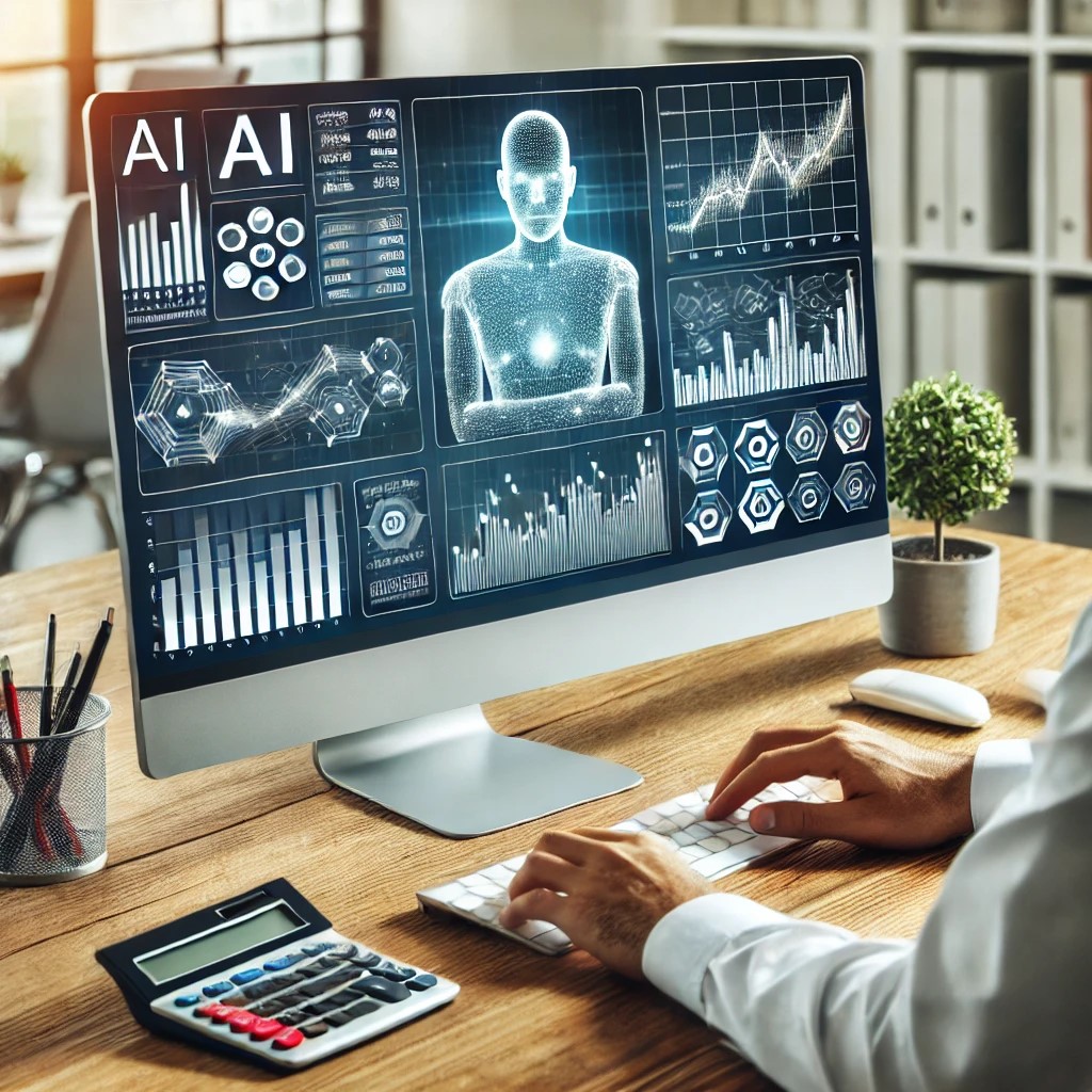 DALL·E 2024-07-30 10.50.10 - A financial advisor using a computer with AI-driven financial analysis tools. The screen shows detailed graphs, data analytics, and investment recomme