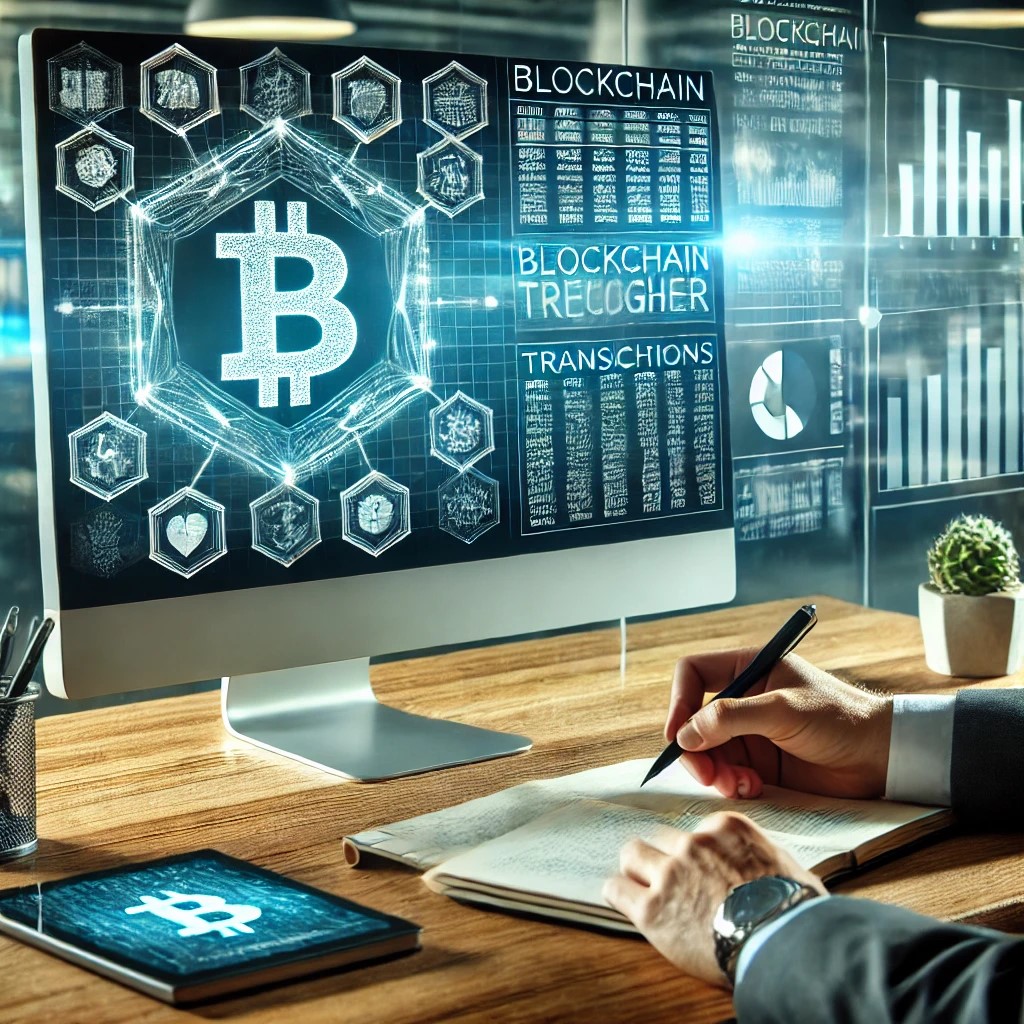 DALL·E 2024-07-30 10.54.18 - A financial analyst reviewing a blockchain ledger on a computer. The screen shows blockchain transactions and data analytics. The setting is a modern 