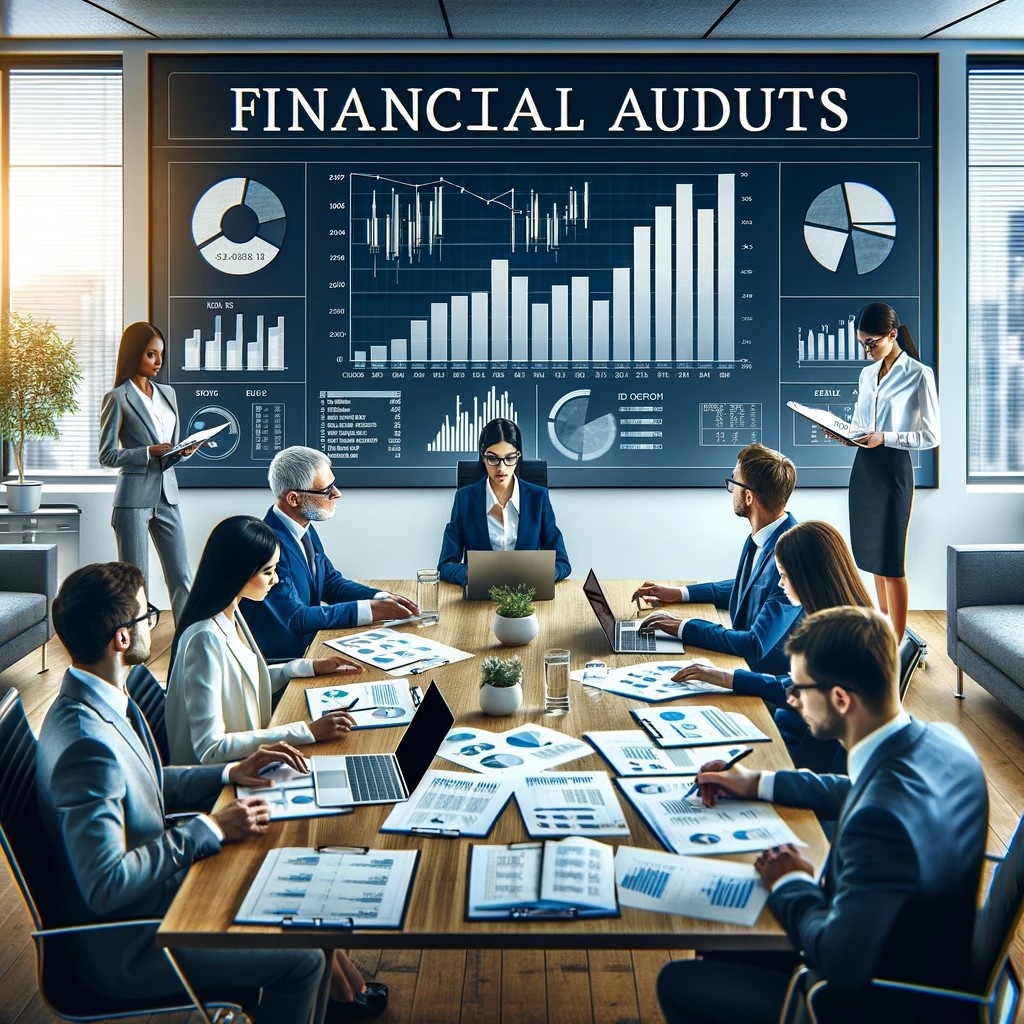 DALL·E 2024-07-30 10.54.17 - A group of auditors in a meeting room discussing financial reports. The table is filled with documents and laptops, and a screen displays charts and a